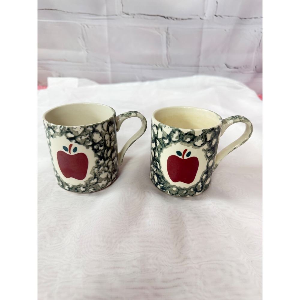 Set of 2 Vintage Spongeware Apple Mugs Green Cream Stoneware Coffee Cups
